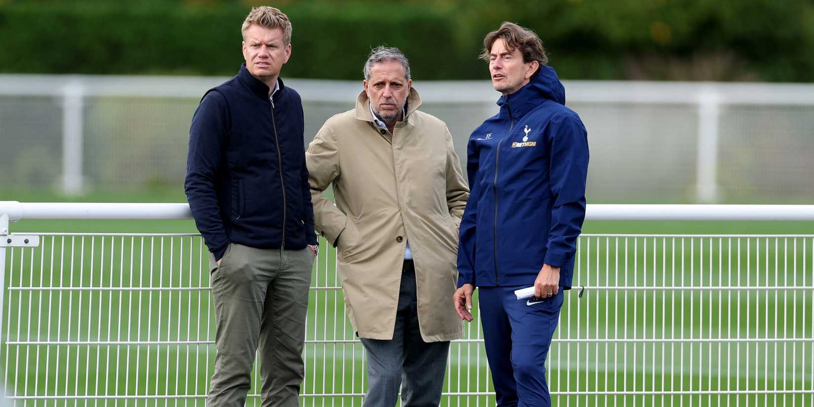 Tottenham Hotspur manager Thomas Frank with sporting directors Fabio Paratici and Johan Lange during training
