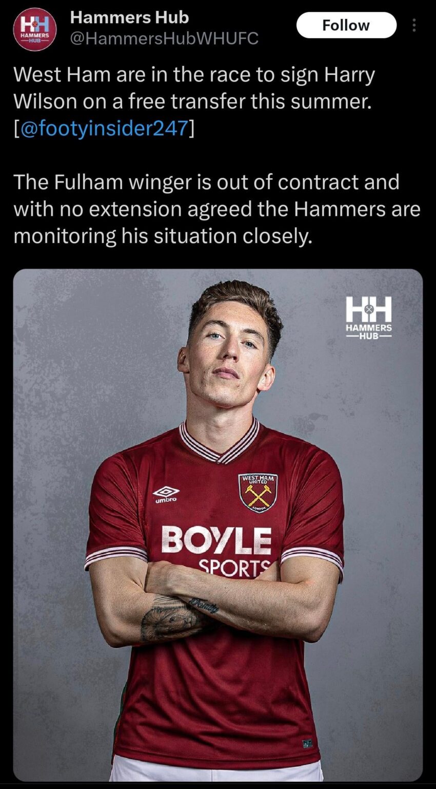 West Ham reportedly in for Harry Wilson [Football Insider]