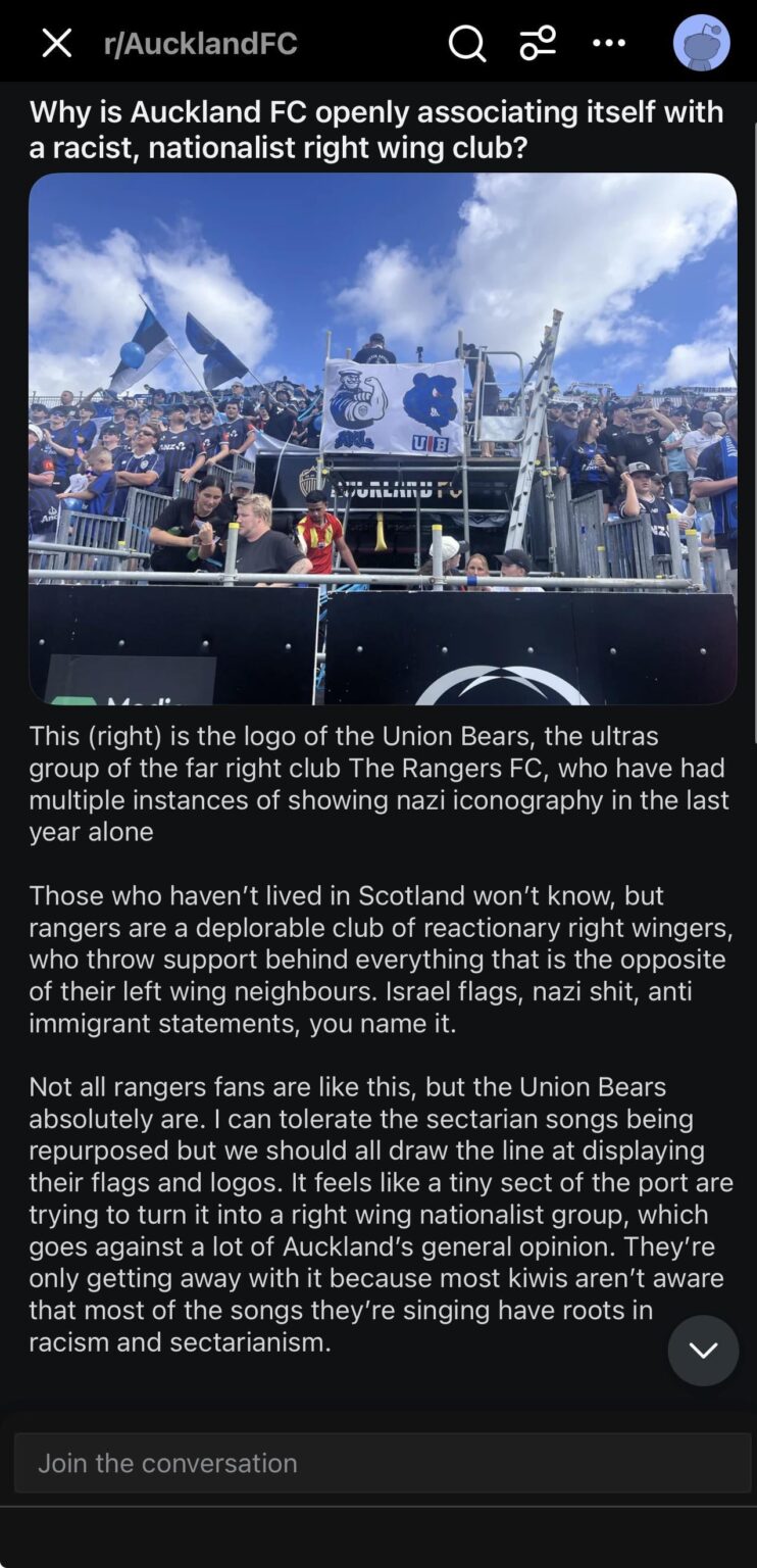 Post on the Auckland FC sub about the union bears