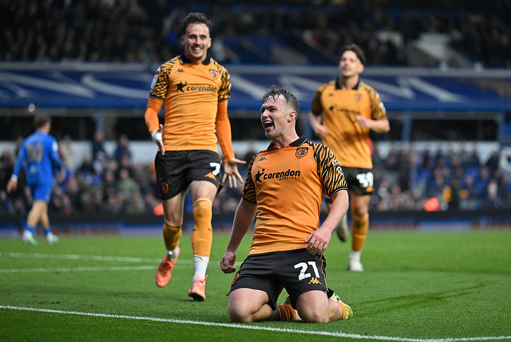 Joe Gelhardt of Hull City celebrates scoring his side's third goal during the Sky Bet Championship match between Birmingham City and Hull City at St Andrew’s at Knighthead Park on October 18, 2025 in Birmingham, England.