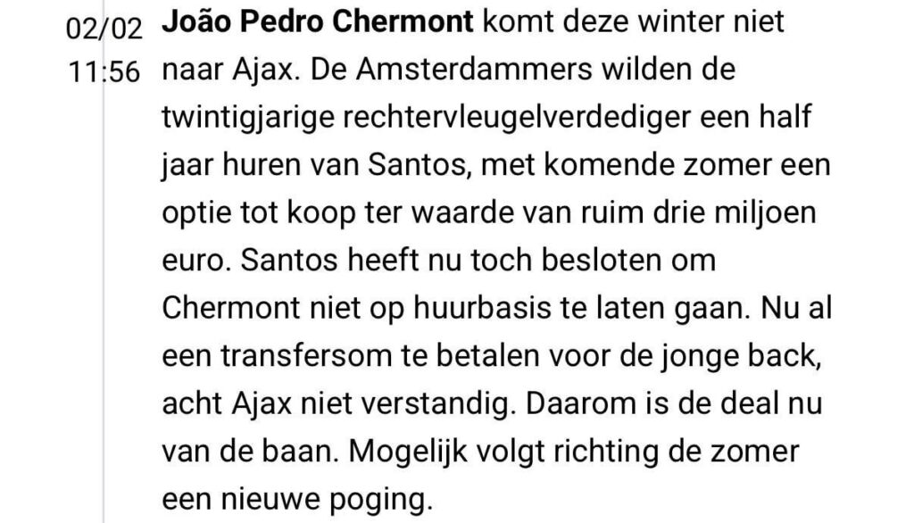 [VI] JP Chermont will not be coming to Ajax this winter. Ajax wanted to loan him with option to buy in the summer, Santos only want direct sale. Ajax might return in the summer