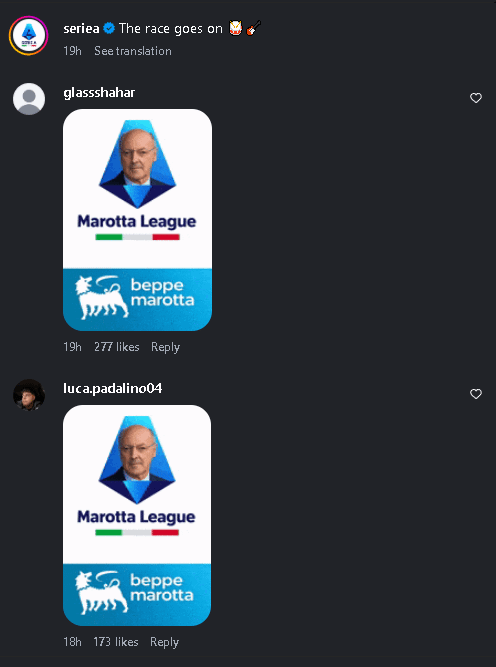 Almost every comment section in Serie A's instagram ever since the match against Juve are filled with this spam, out of all teams Juve was the one they defend, it's like all of them suddenly getting hit in the head.