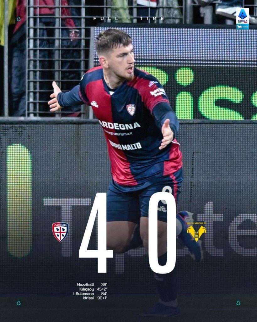 Full Time: Cagliari 4-0 Verona