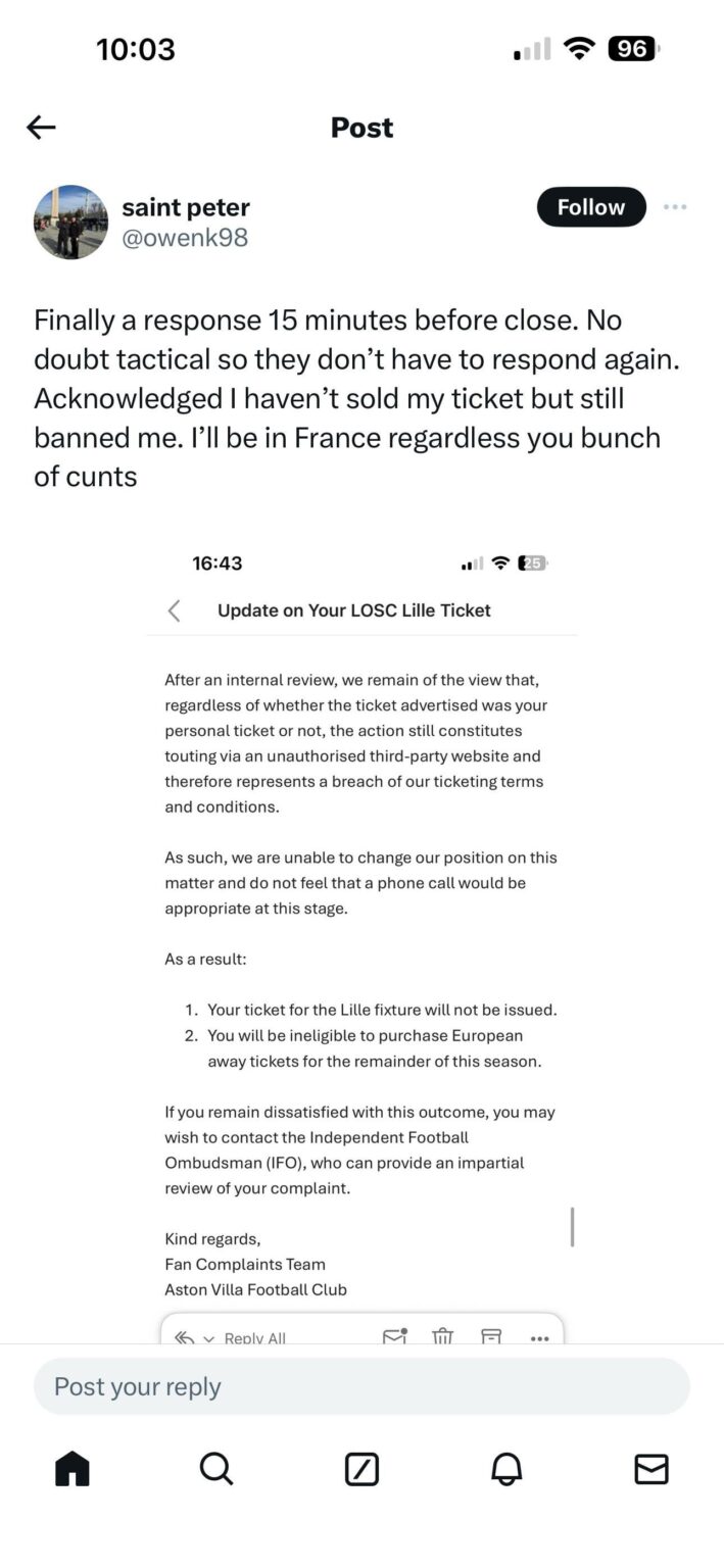 Villa Fan has lille away ticket removed for retweeting.