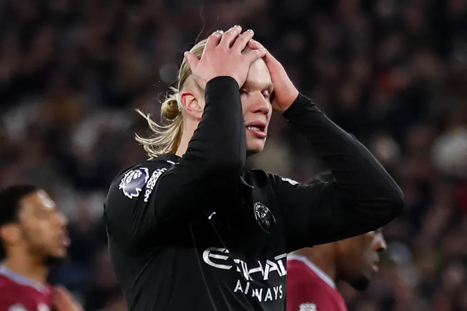 Erling Haaland reacts during Manchester City's draw with West Ham