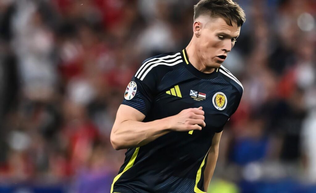 McTominay poses in front of the overhead kick wall