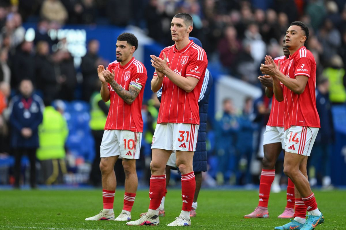 Nikola Milenkovic of Nottingham Forest looks dejected after defeat during the Premier League match between Brighton and Hove Albion and Nottingham Forest at the American Express Community Stadium