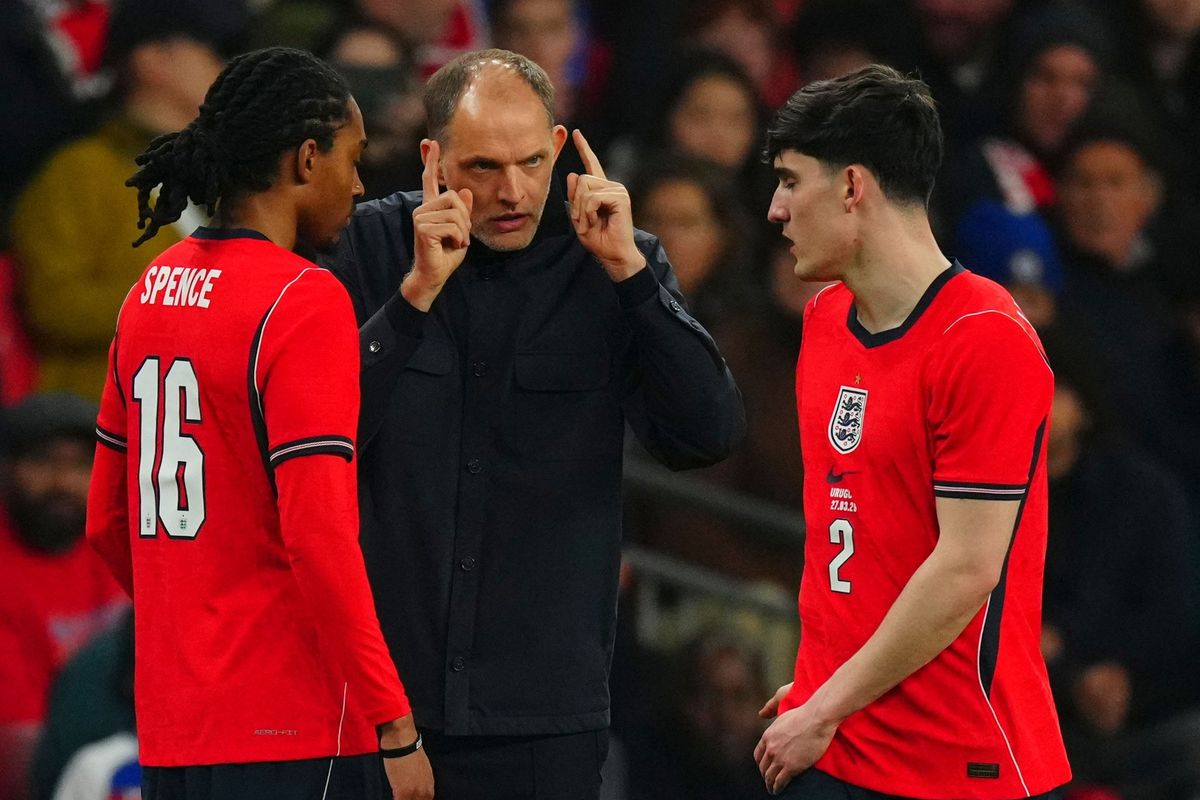 England Head Coach Thomas Tuchel issues instructions to Djed Spence and Tino Livramento