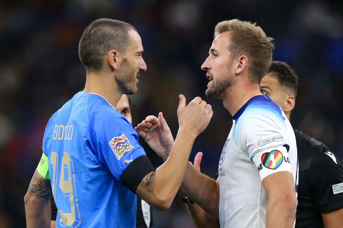 Leonardo Bonucci of Italy shakes hands with Harry Kane of England prior to kick off in the UEFA Nations League, League A, Group 3 match between Italy and England at San Siro on September 23, 2022 in Milan, Italy.