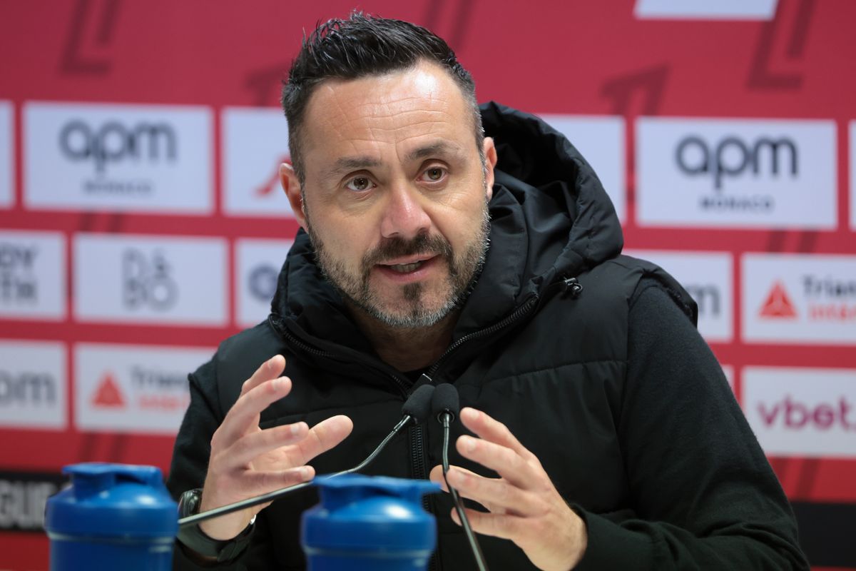 Coach of Olympique de Marseille Roberto De Zerbi speaks to the media during the post-match press conference following the Ligue 1 football match between AS Monaco (ASM) and Olympique de Marseille (OM) at Stade Louis II on April 12, 2025 in Monaco, Monaco