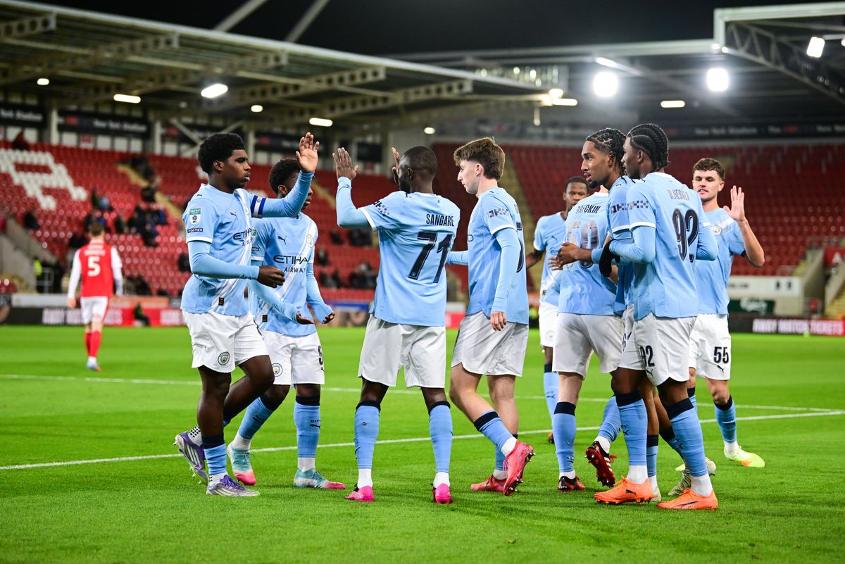 Mahamadou Sangare of Manchester City celebrates scoring the opening goal for his team during the Vertu Trophy match between Rotherham United and Manchester City U21 at AESSEAL New York Stadium on October 28, 2025