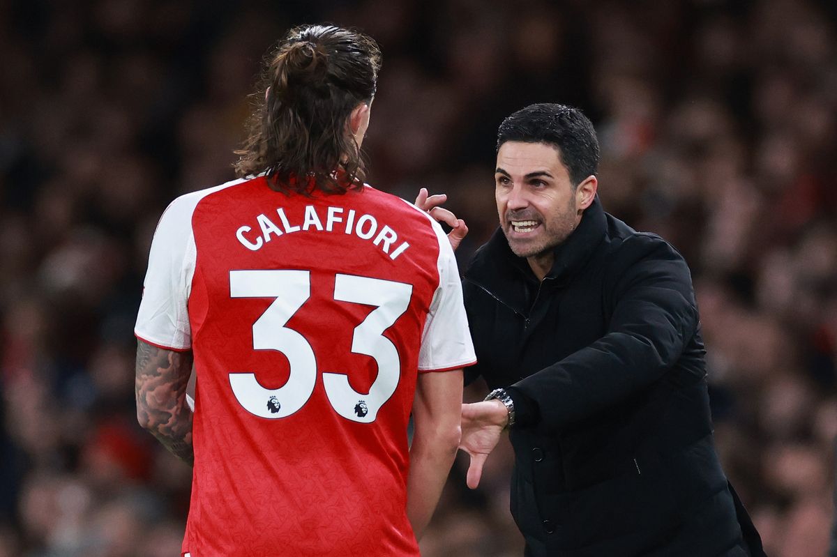 LONDON, ENGLAND - DECEMBER 3: Mikel Arteta manager / head coach  of Arsenal with Riccardo Calafiori during the Premier League match between Arsenal and Brentford at Emirates Stadium on December 3, 2025 in London, England. (Photo by Marc Atkins/Getty Images)