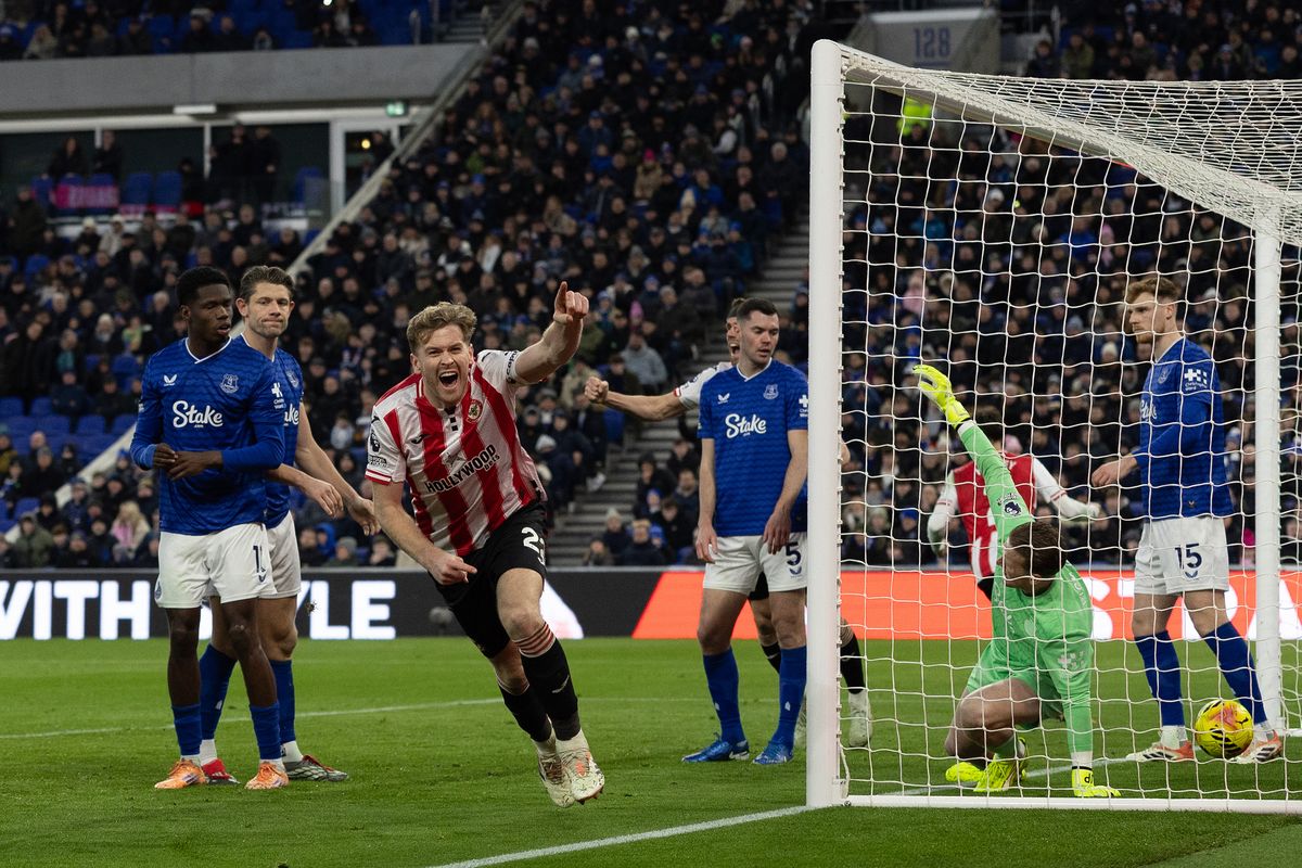 Nathan Collins celebrates scoring his team's second goal during the Premier League match between Everton and Brentford at Hill Dickinson Stadium. Photo by Joe Prior/Visionhaus via Getty Images