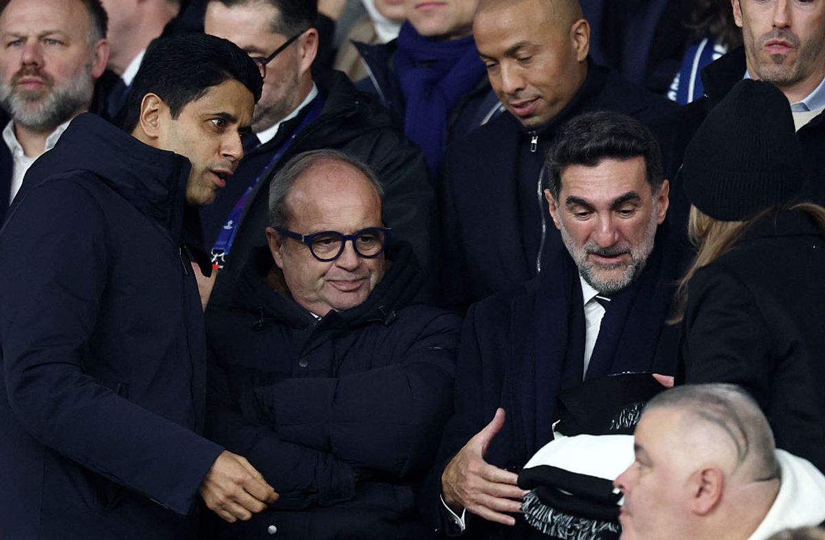 Newcastle United chairman Yasir Al-Rumayyan with Paris Saint-Germain's Qatari president Nasser Al-Khelaifi and football advisor Luis Campos 