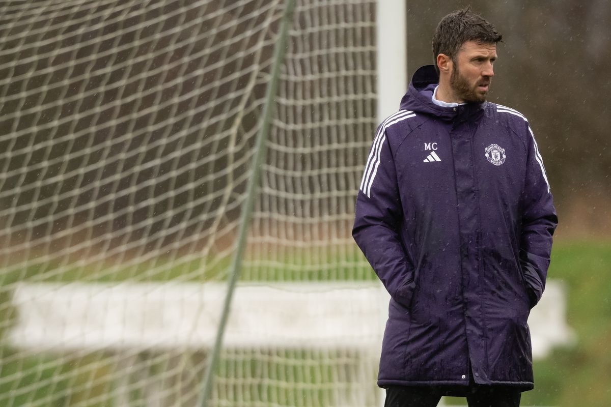 Head Coach Michael Carrick of Manchester United in action during a first team training session at Carrington Training Ground on February 26, 2026 in Manchester, England. 
