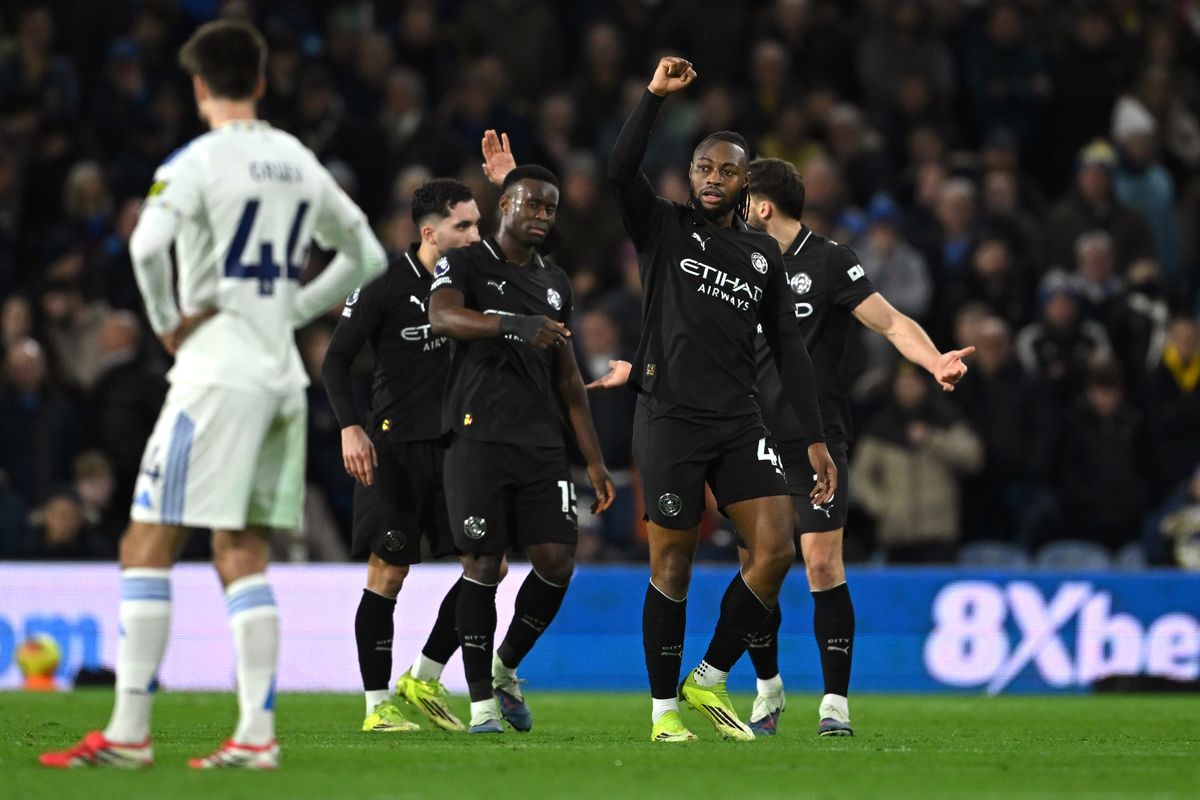 Antoine Semenyo of Manchester City celebrates scoring his team's first goal during the Premier League match between Leeds United and Manchester City at Elland Road