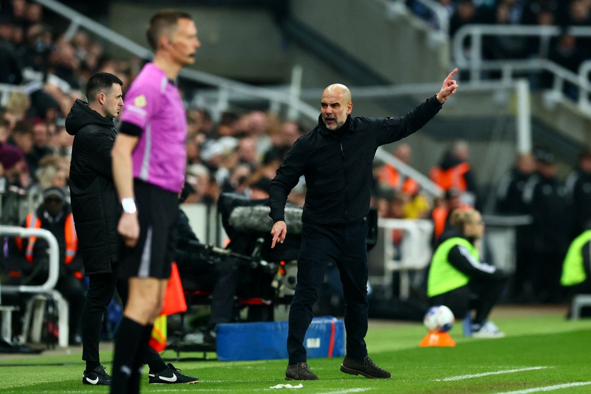 Manchester City head coach Pep Guardiola reacts angrily to the fourth official during the FA Cup fifth round win vs Newcastle United