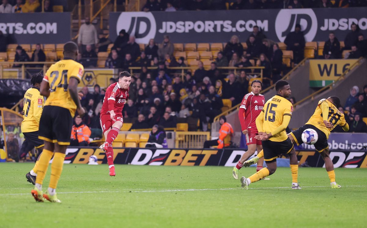 WOLVERHAMPTON, ENGLAND - MARCH 06: Andrew Robertson of Liverpool scores his team's first goal during the Emirates FA Cup Fifth Round match between Wolverhampton Wanderers and Liverpool on March 06, 2026 in Wolverhampton, England. (Photo by Alex Livesey/Getty Images)