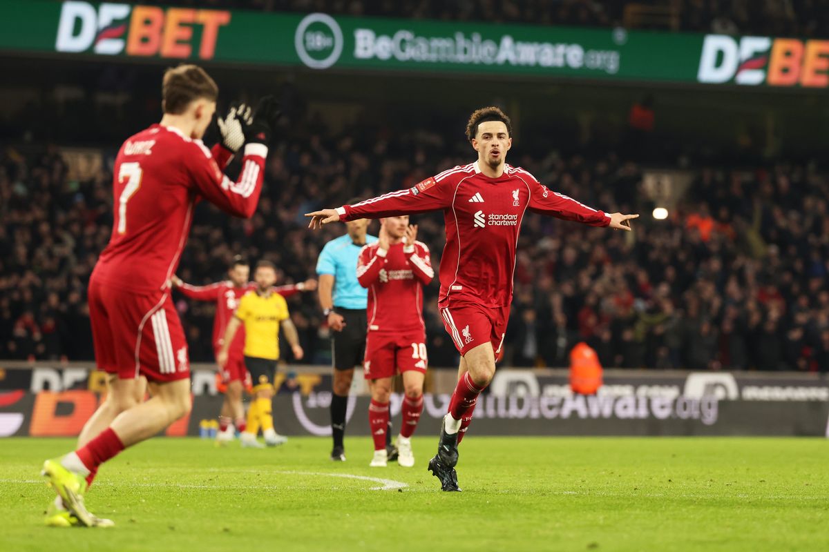 WOLVERHAMPTON, ENGLAND - MARCH 06: (THE SUN OUT, THE SUN ON SUNDAY OUT) Curtis Jones of Liverpool celebrates scoring his team's third goal during the Emirates FA Cup Fifth Round match between Wolverhampton Wanderers and Liverpool on March 06, 2026 in Wolverhampton, England. (Photo by Liverpool FC/Liverpool FC via Getty Images)