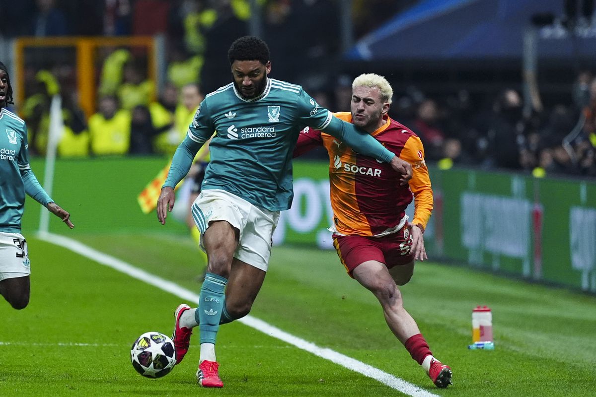 Joe Gomez competes for the ball during Liverpool's loss to Galatasaray