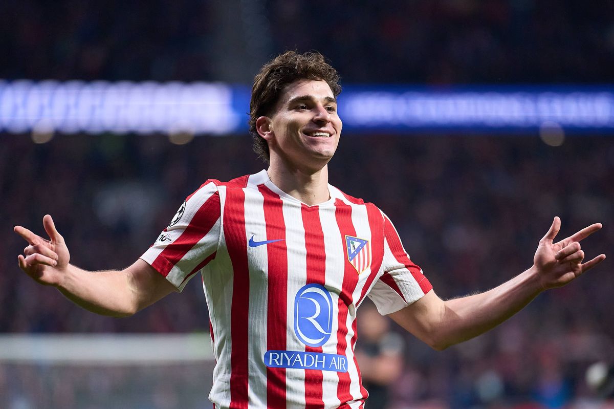 Julian Alvarez of Atletico de Madrid celebrates scoring his team's fifth goal during the UEFA Champions League 2025/26 Round of 16 First Leg match between Atletico de Madrid and Tottenham Hotspur