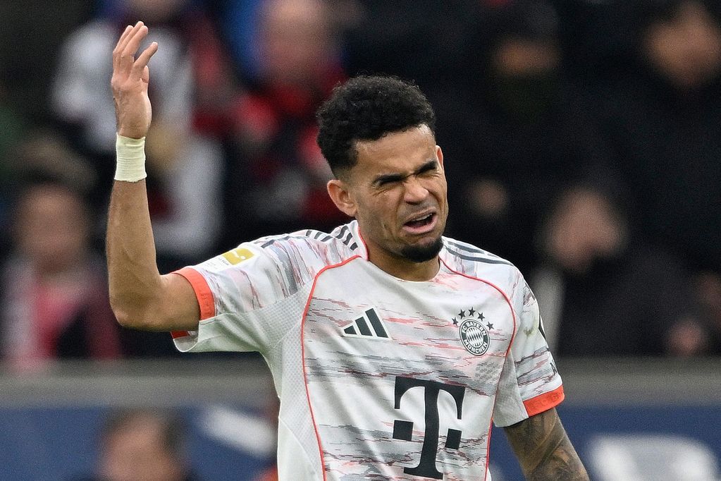 Bayern Munich's Colombian forward #14 Luis Diaz reacts after been sent off by the referee during the German first division Bundesliga football match between Bayer 04 Leverkusen and FC Bayern Munich in Leverkusen, western Germany on March 14, 2026