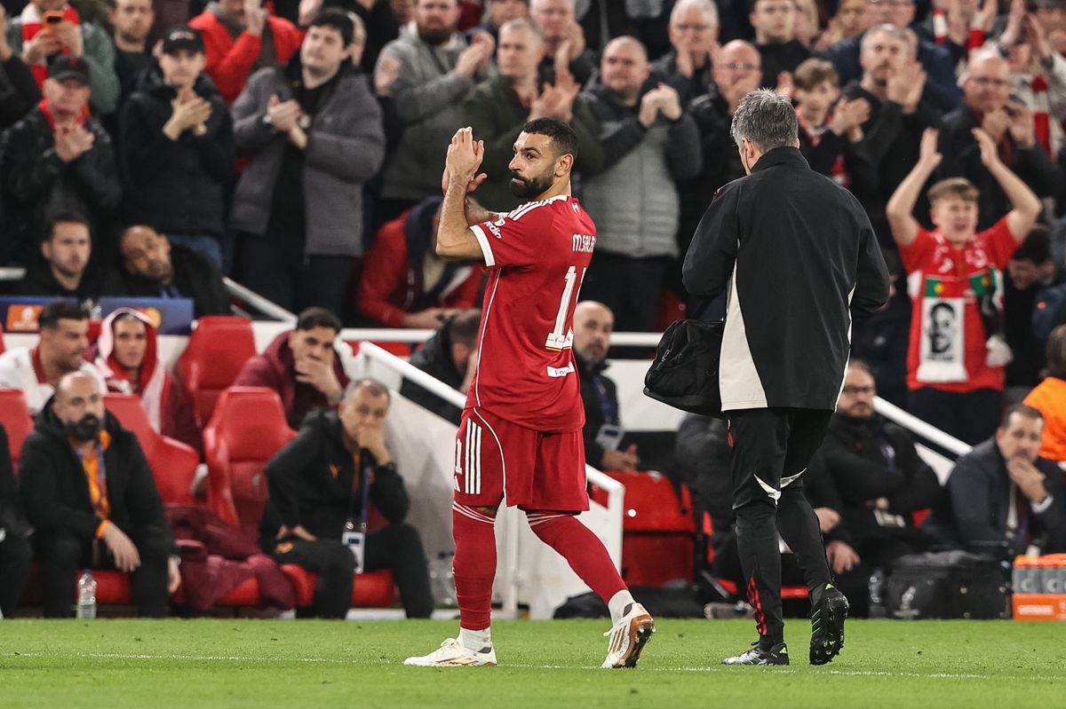 Mohamed Salah of Liverpool applauds the fans after being substituted during the UEFA Champions League last 16 second leg match between Liverpool and Galatasaray at Anfield, Liverpool, United Kingdom, on March 18, 2026