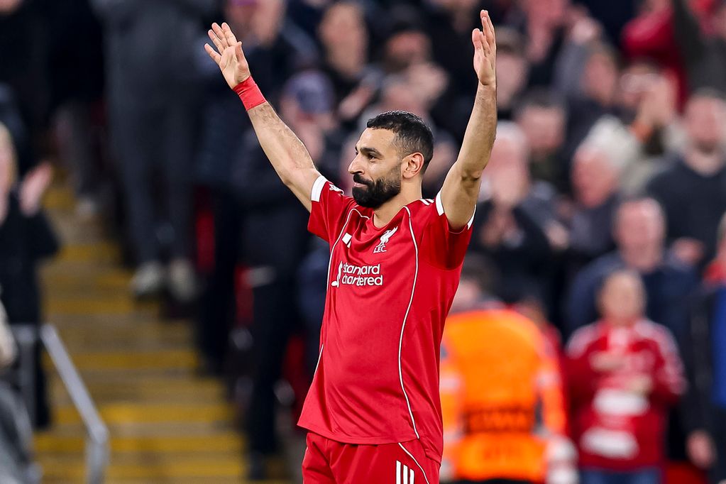 Mohamed Salah of Liverpool FC celebrate after winning the UEFA Champions League 2025/26 Round of 16 Second Leg match between Liverpool FC and Galatasaray SK at Anfield on March 18, 2026 in Liverpool, United Kingdom