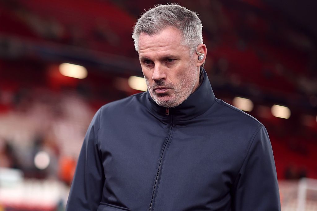 Pundit Jamie Carragher looks on prior to the UEFA Champions League 2025/26 Round of 16 Second Leg match between Liverpool FC and Galatasaray SK at Anfield on March 18, 2026 in Liverpool, England