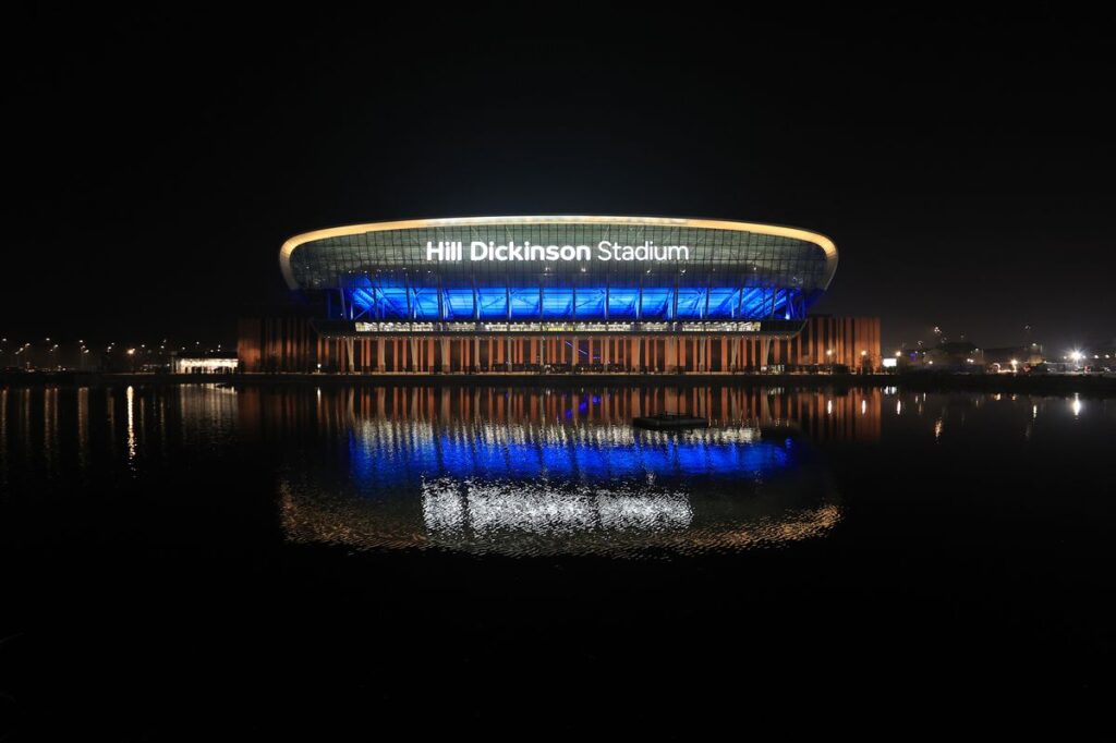 A general view of Hill Dickinson Stadium reflected in the water after the Premier League match between Everton and Chelsea. Photo by Simon Stacpoole/Offside/Offside via Getty Images