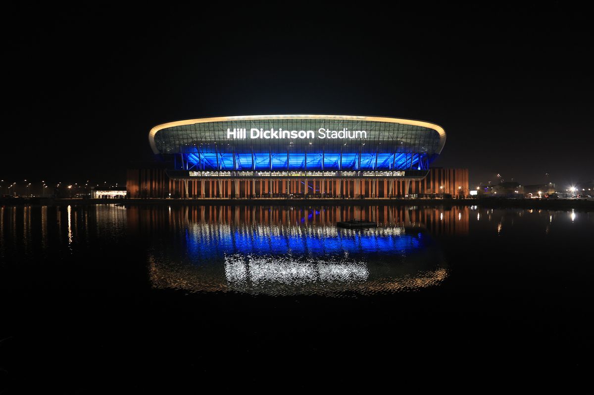 A general view of Hill Dickinson Stadium reflected in the water after the Premier League match between Everton and Chelsea. Photo by Simon Stacpoole/Offside/Offside via Getty Images