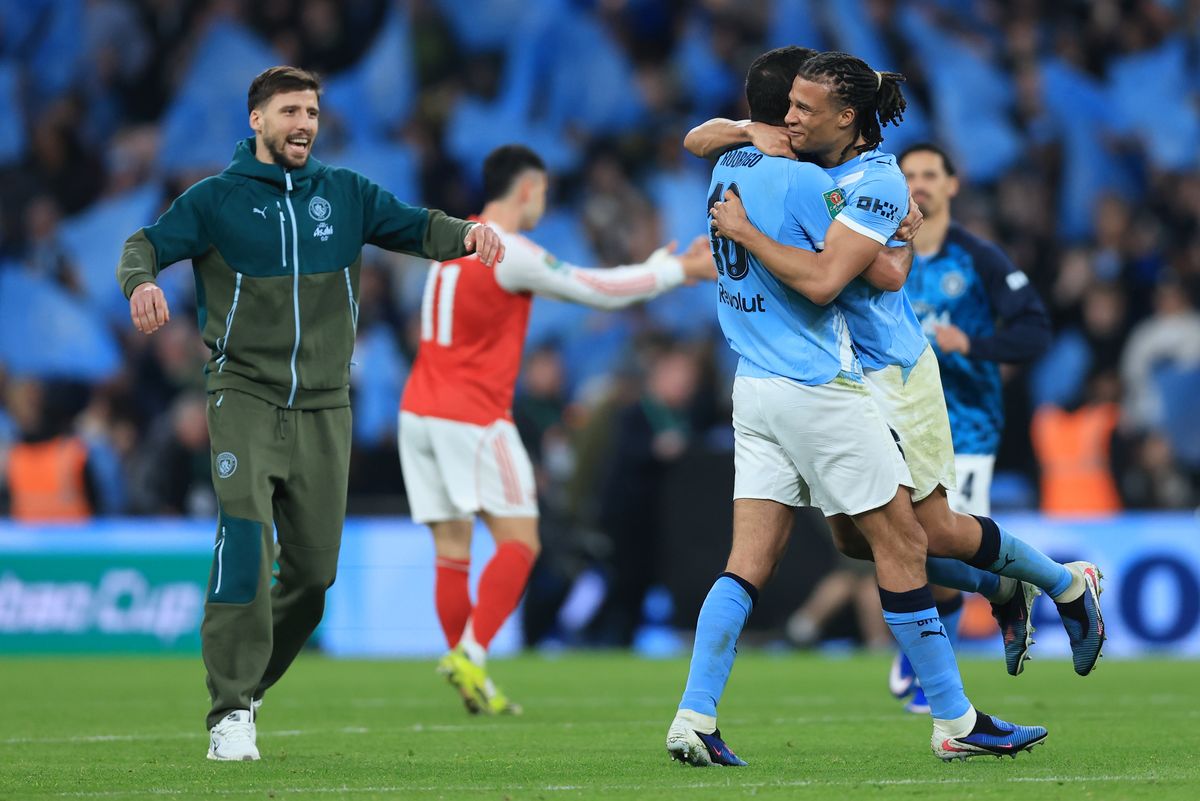LONDON, ENGLAND - MARCH 22: Ruben Dias, Rodri and Nathan Ake of Manchester City celebrate after winning the Carabao Cup Final match between Arsenal and Manchester City at Wembley Stadium on March 22, 2026 in London, England. (Photo by Nigel French/Sportsphoto/Allstar via Getty Images)