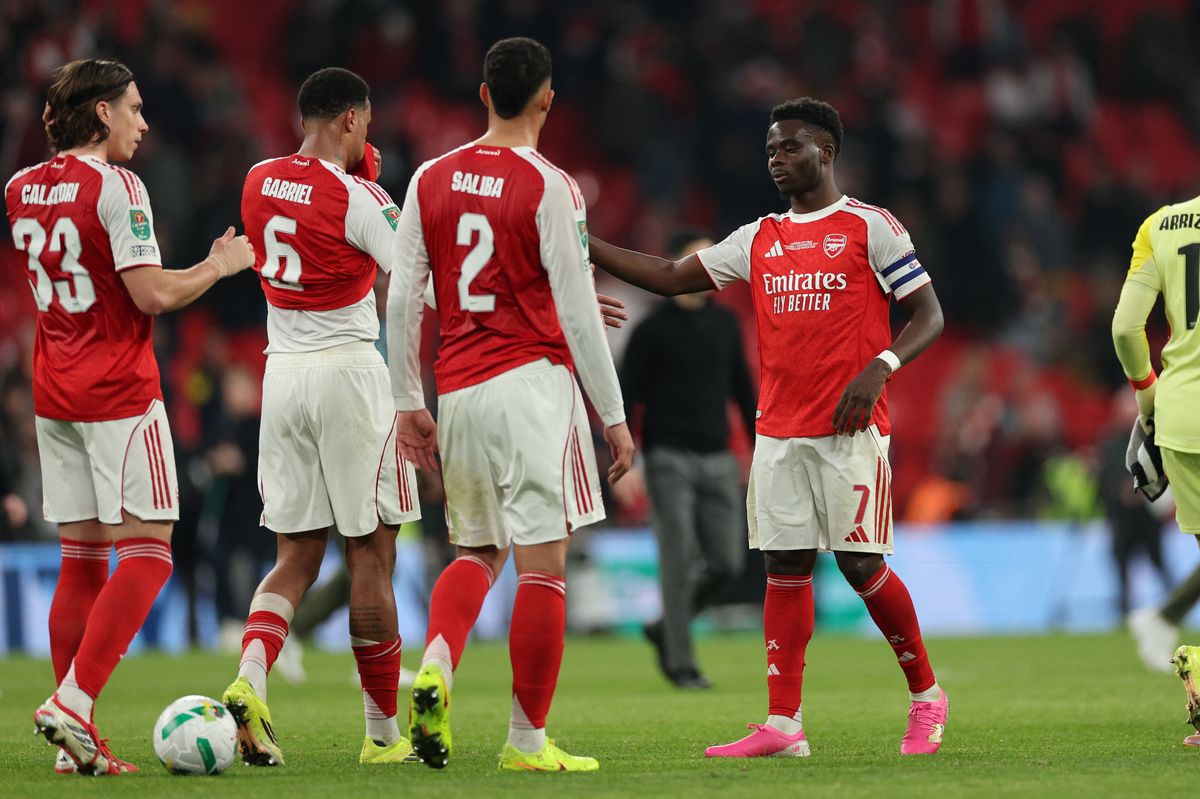 Bukayo Saka and Arsenal teammates react