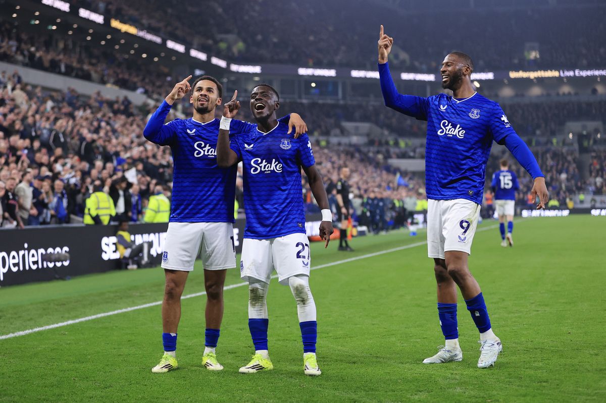 Iliman Ndiaye celebrates with Idrissa Gueye and Beto of Everton after scoring Everton's third goal during the against Chelsea at Hill Dickinson Stadium. Photo by Simon Stacpoole/Offside/Offside via Getty Images