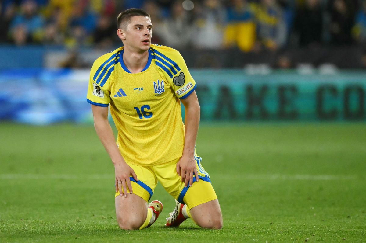 Vitaliy Mykolenko reacts during the 2026 World Cup qualifying match between Ukraine and Sweden at Ciutat de Valencia Stadium in Valencia. Photo by JOSE JORDAN / AFP via Getty Images