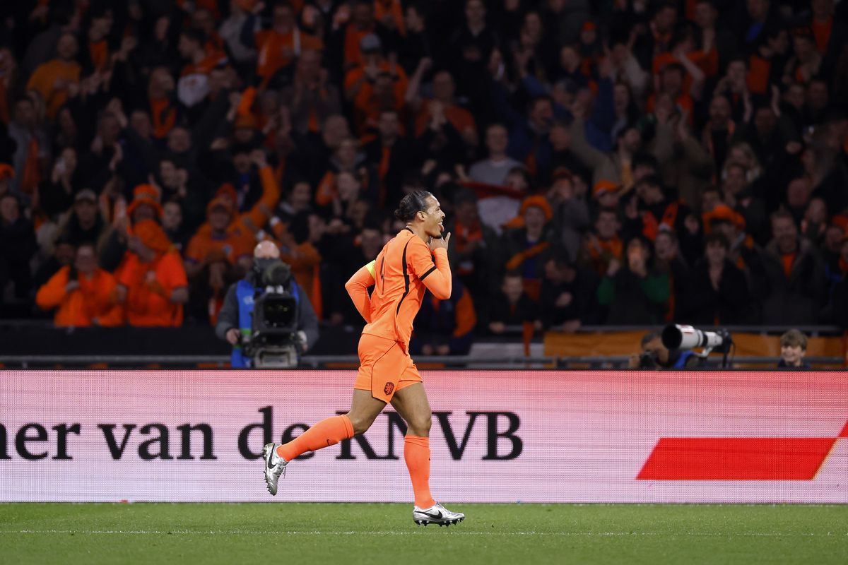 Virgil van Dijk celebrates scoring for the Netherlands