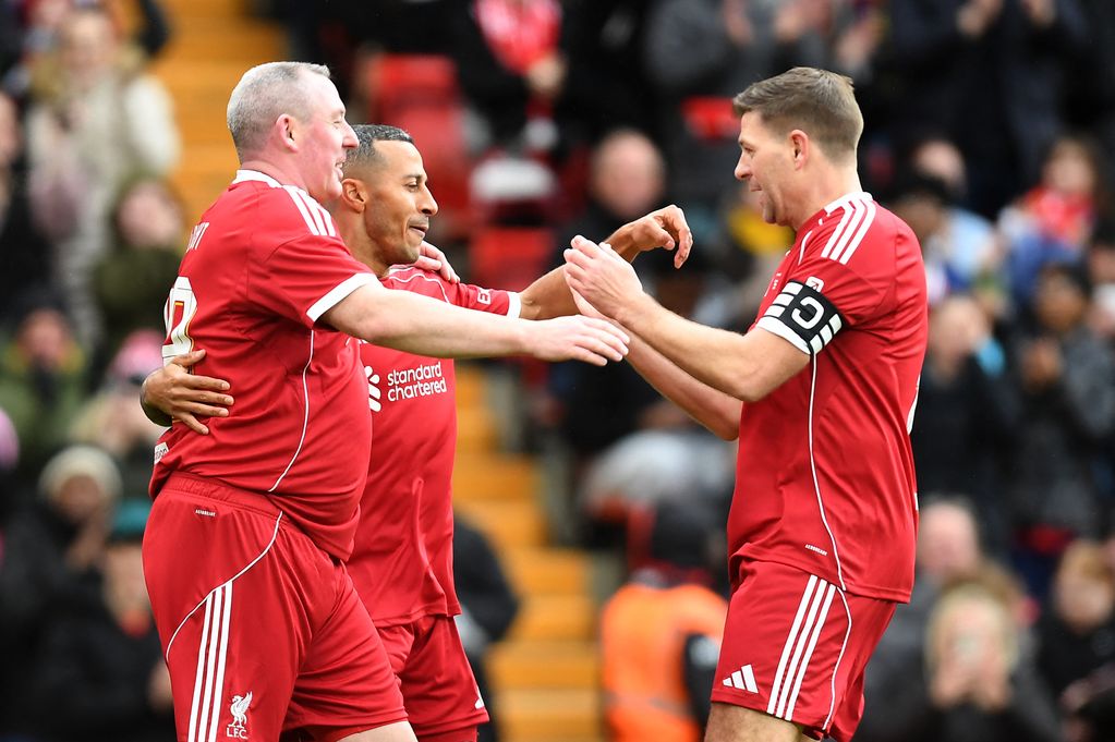 Steven Gerrard celebrates with Thiago after his goal