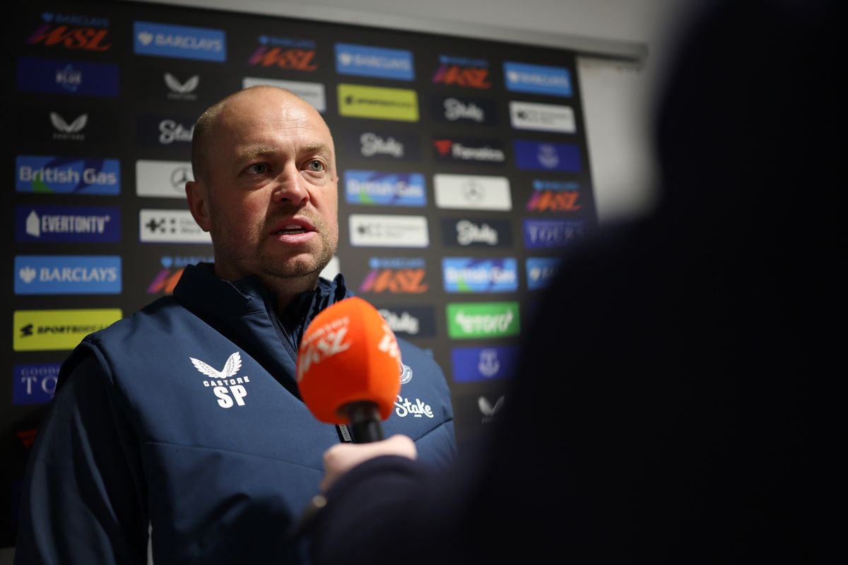 Scott Phelan, interim manager of Everton Women, speaks to the media following the Barclays Women's Super League match between Everton and Liverpool at Goodison Park. Photo by Annabel Lee-Ellis - WSL/WSL Football via Getty Images