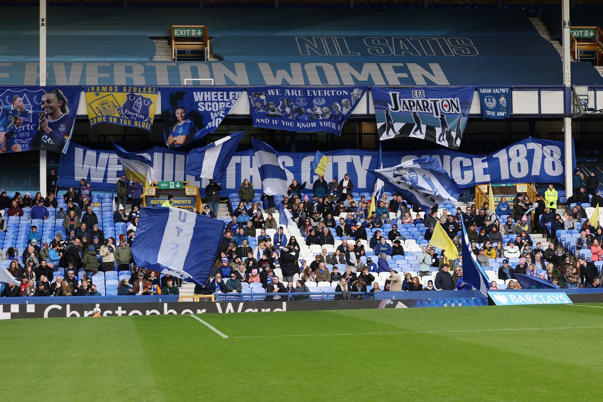 Fans of Everton show their support with banners prior to the Barclays Women's Super League match between Everton and Liverpool at Goodison Park (Photo by Annabel Lee-Ellis - WSL/WSL Football via Getty Images)