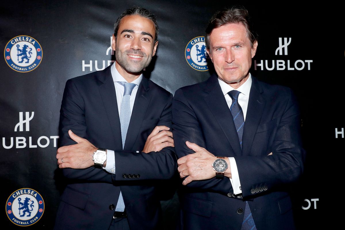CULVER CITY, CA - JULY 28:  Hublot US Managing Director Jean-Francois Sberro and Chelsea FC head of global commercial activities Christian Purslow attend Hublot x Chelsea FC event in Los Angeles at Sony Pictures Studios on July 28, 2016 in Culver City, California.  (Photo by Rich Polk/Getty Images for Hublot)