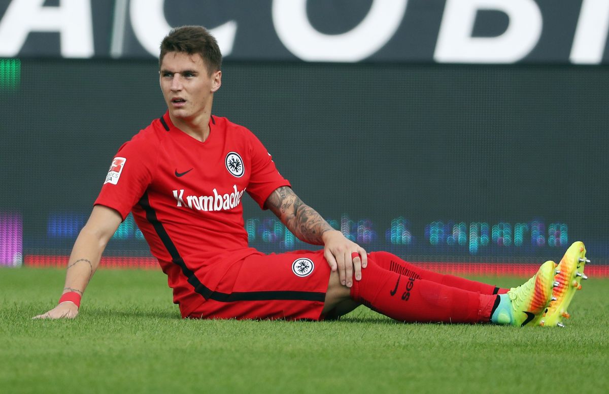 Guillermo Varela of Frankfurt reacts during the Bundesliga match between SV Darmstadt 98 and Eintracht Frankfurt at Jonathan-Heimes-Stadion am Boellenfalltor on September 10, 2016 in Darmstadt, Germany. 