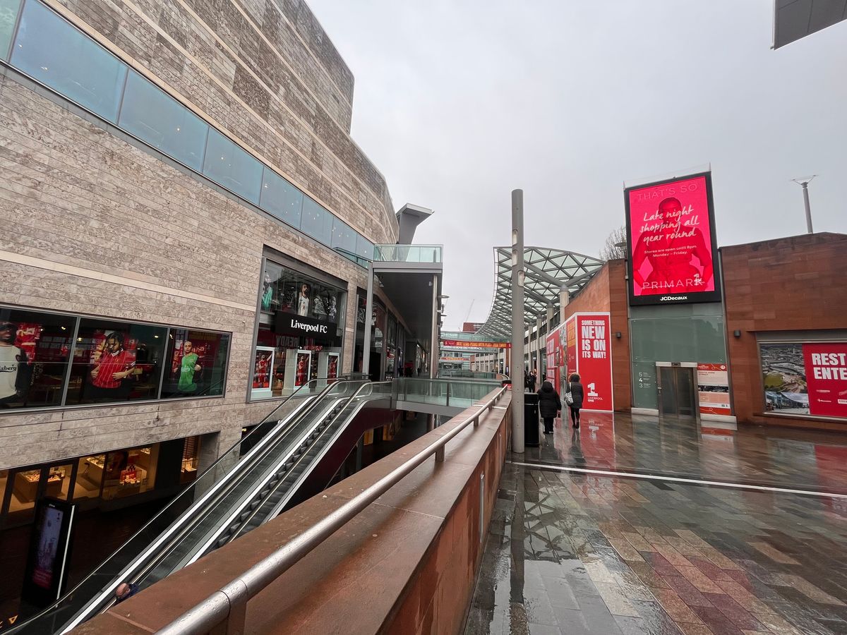 A wet and windy Liverpool ONE shopping complex