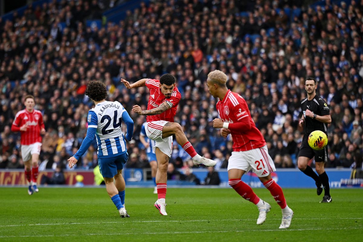 Morgan Gibbs-White of Nottingham Forest scores his team's first goal during the Premier League match between Brighton & Hove Albion and Nottingham Forest at Amex Stadium