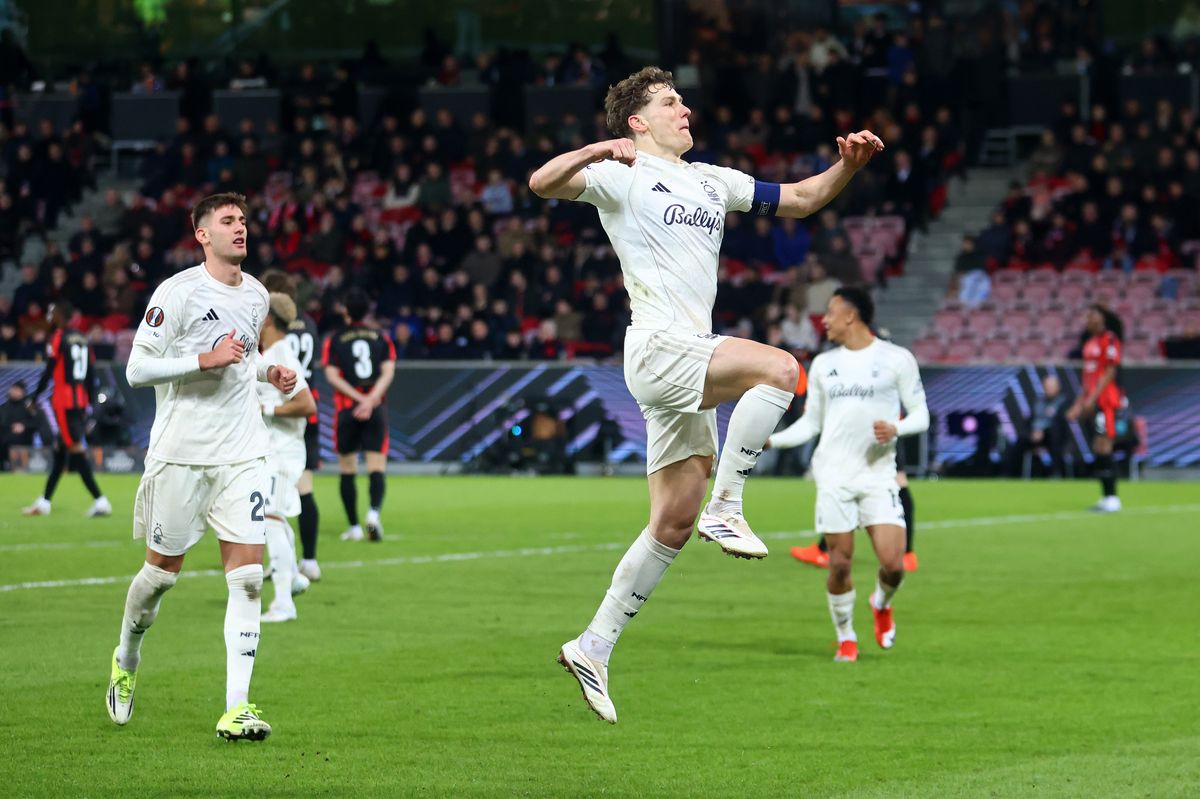Ryan Yates of Nottingham Forest celebrates scoring his team's second goal during the UEFA Europa League 2025/26 Round of 16 Second Leg match between FC Midtjylland and Nottingham Forest FC at Arena Herning