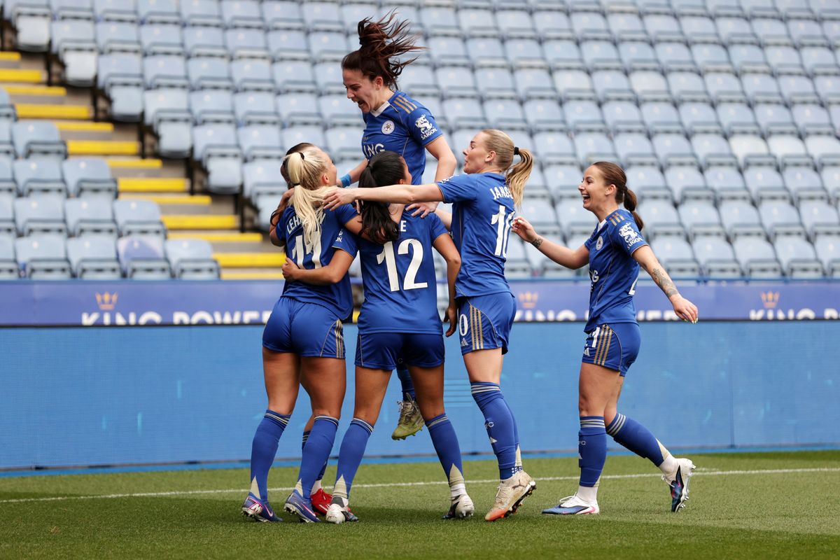 Alisha Lehmann celebrates with her teammates after scoring to make it 1-0 during the Barclays Women's Super League match between Leicester City Women and Aston Villa Women at King Power Stadium.