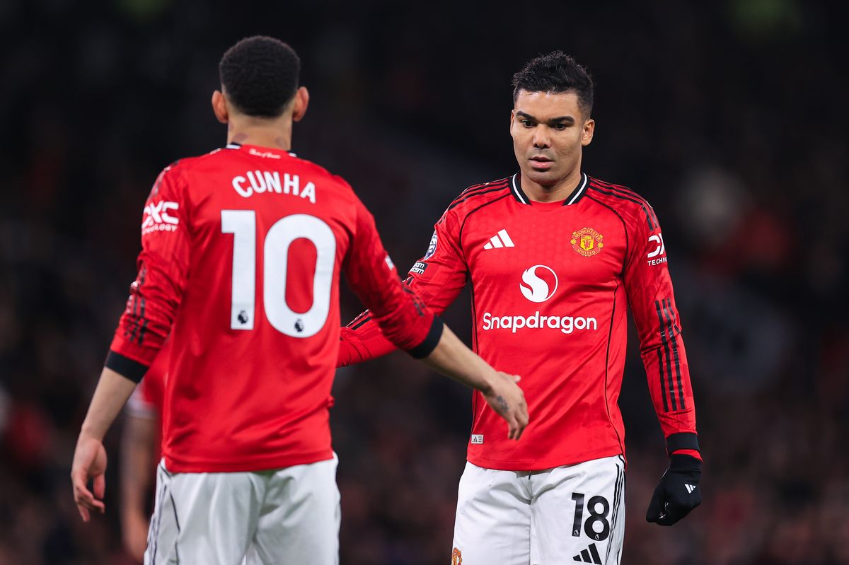 Matheus Cunha and Casemiro in action for Manchester United