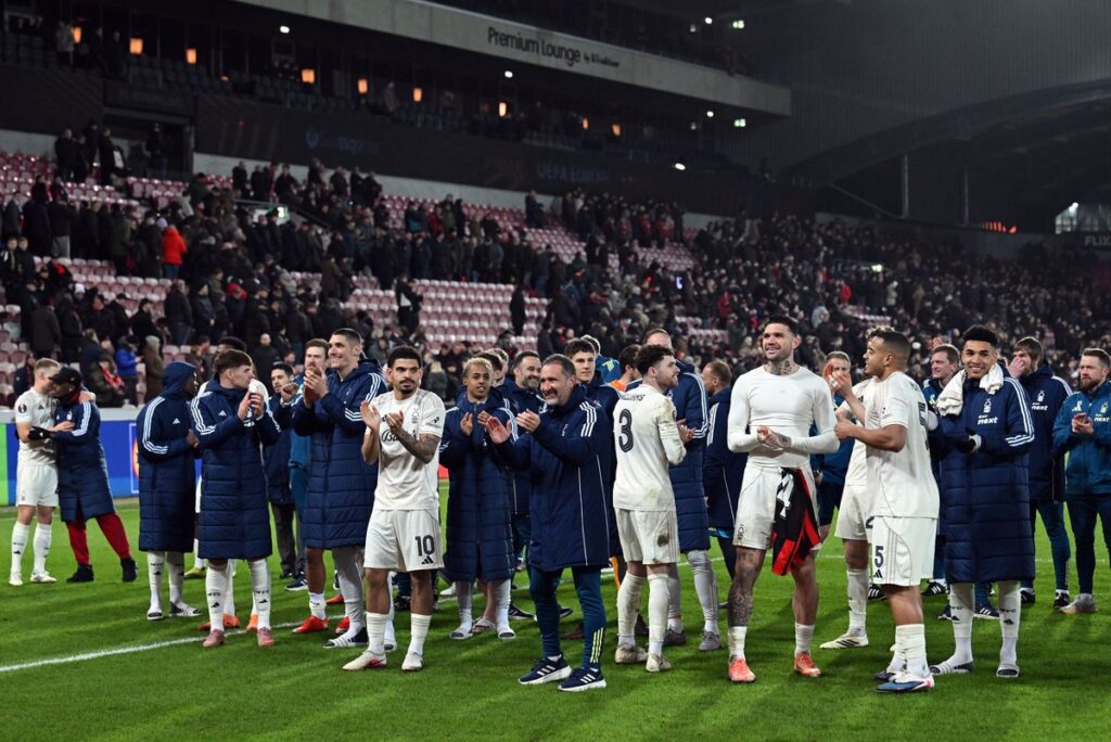 Nottingham Forest celebrating reaching the quarter-finals of the Europa League after beating FC Midtjylland