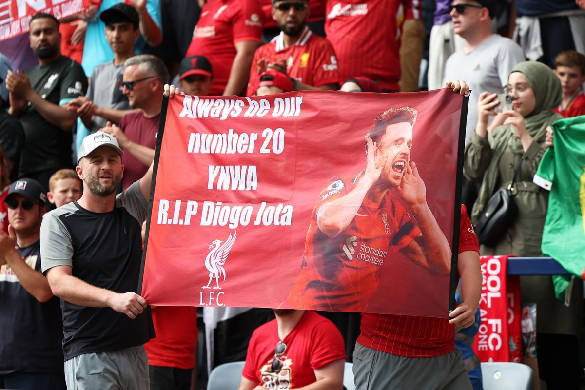 Liverpool fans display a banner commemorating Diogo Jota during the pre-season friendly match between Preston North End and Liverpool