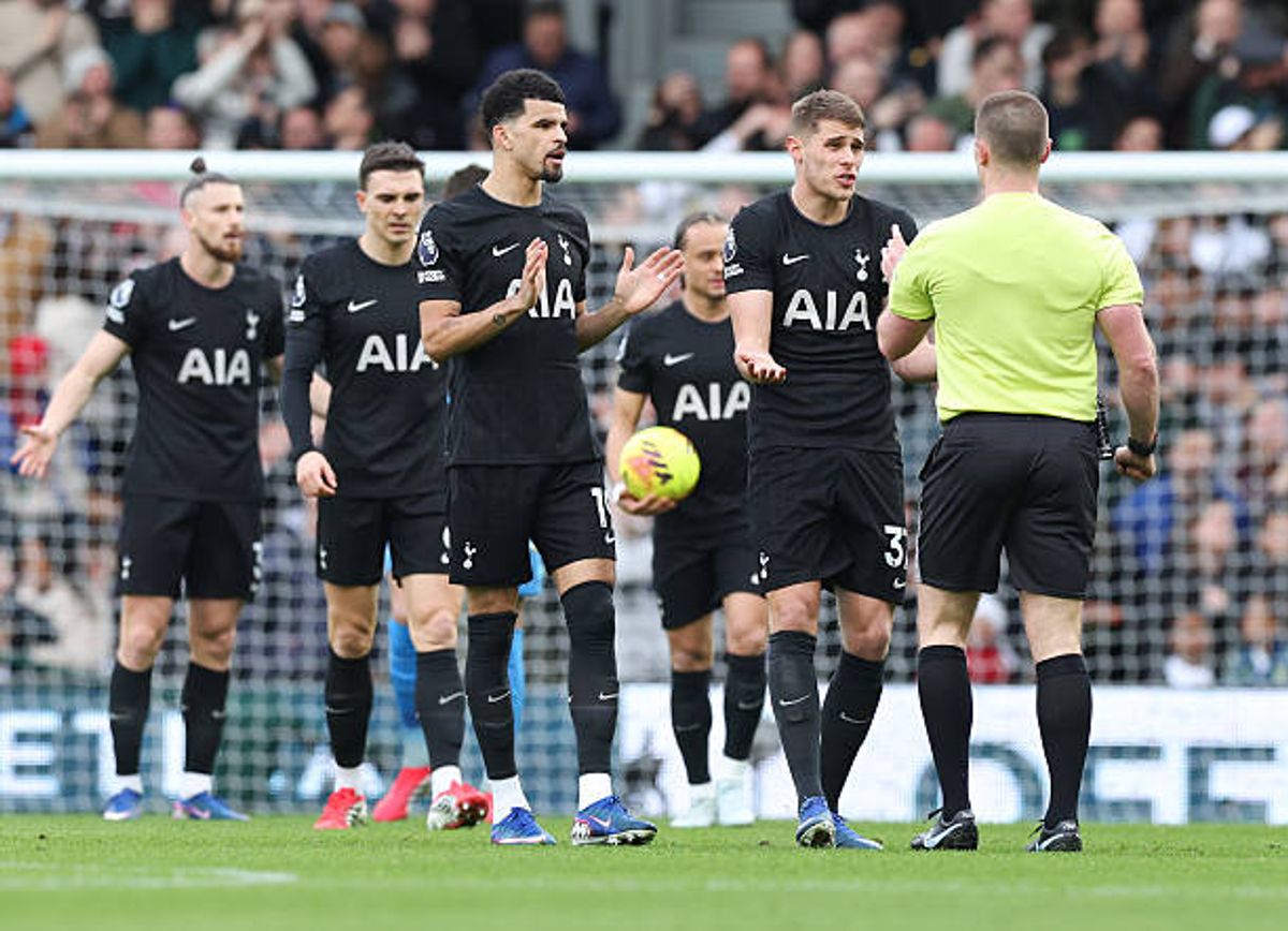 Tottenham Hotspur's Micky van de Ven leads his side's protests after Fulham had opened the scoring during the Premier League match between Fulham and Tottenham Hotspur at Craven Cottage on March 1, 2026 in London, United Kingdom.