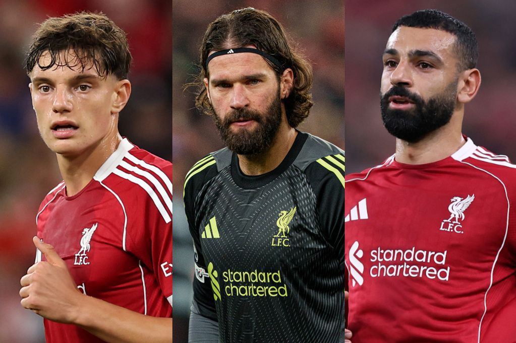 A three-way split image of Giovanni Leoni, Alisson and Mohamed Salah